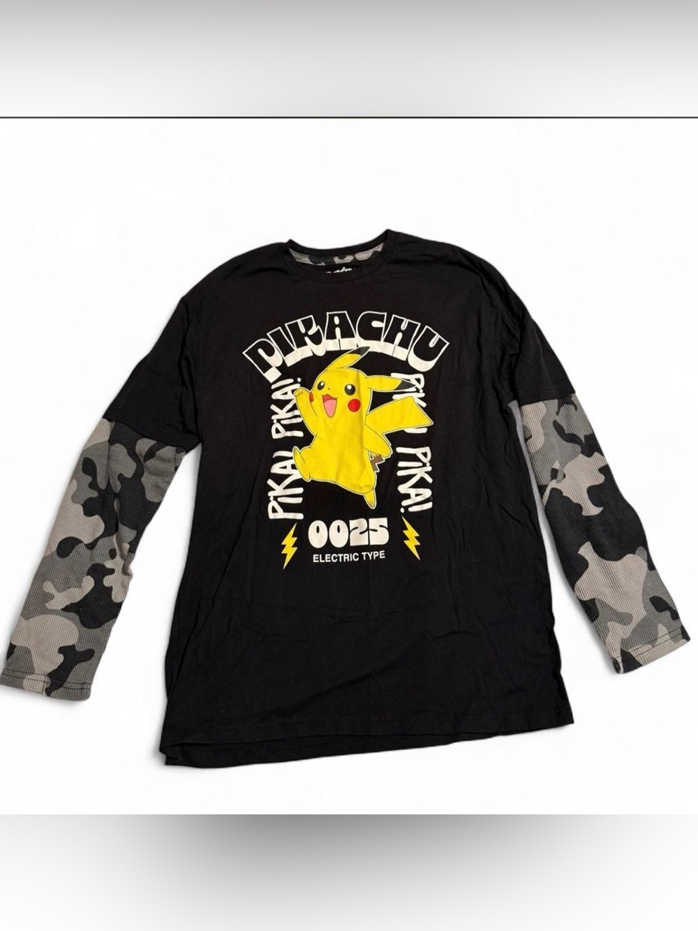 Hybrid Apparel Black Long Sleeve Pikachu Graphic Shirt with Camouflage Sleeves